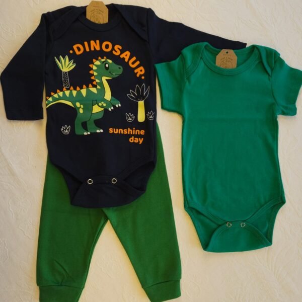 Conjunto 3 peças tamanho P Dinossauro verde
